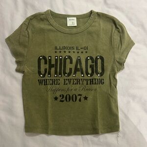 Bershka T-Shirt in Olive with Chicago Print